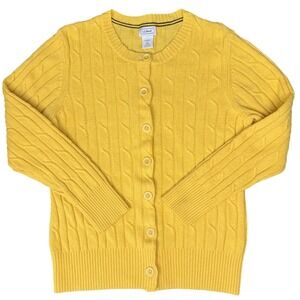 LLBean Womens Yellow Cable Knit Cardigan Sweater Button Front XL Lambswool Nylon